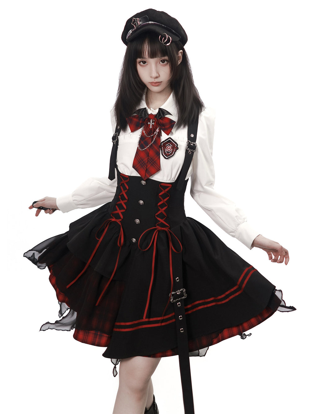 Gothic Bat Wing Plaid Bow Blouse