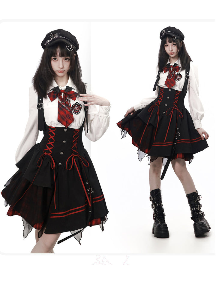 Gothic Bat Wing Plaid Bow Blouse