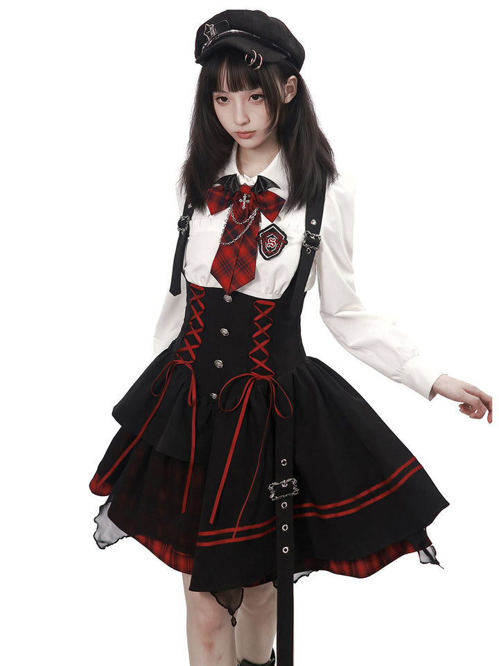 Gothic Bat Wing Plaid Bow Blouse