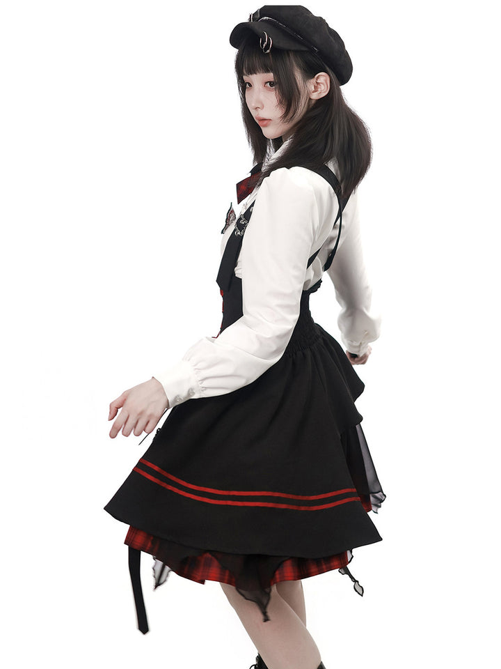 Gothic Bat Wing Plaid Bow Blouse