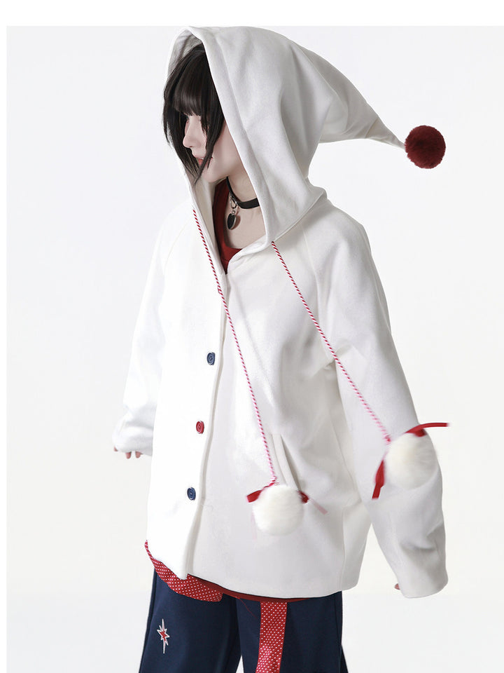 Whimsical Pom-Pom Hooded Jacket