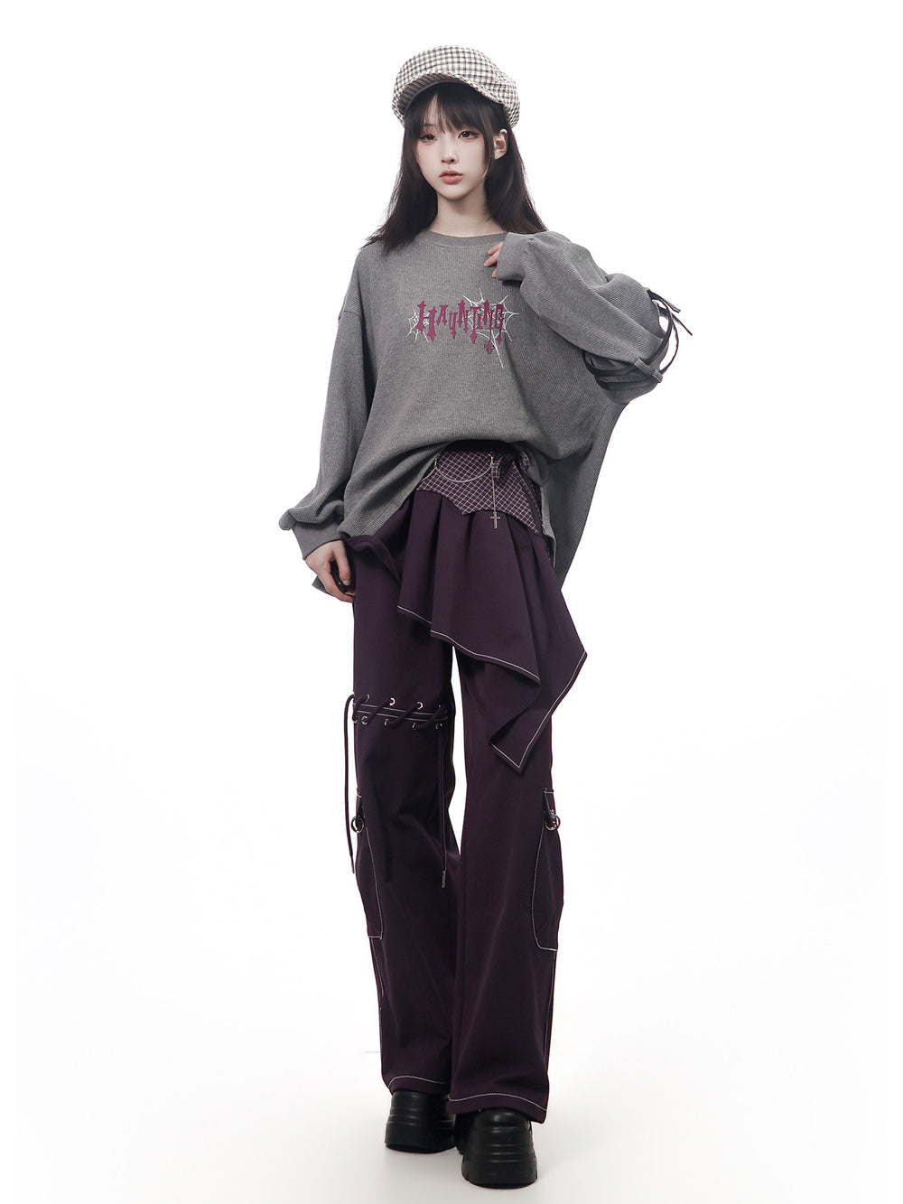 Gothic Skirt-Overlay Wide Leg Cargo Pants