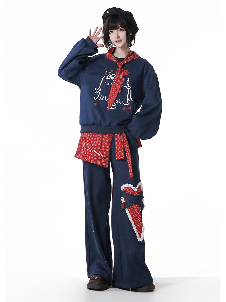 Kawaii Heart Appliqué Wide Leg Pants