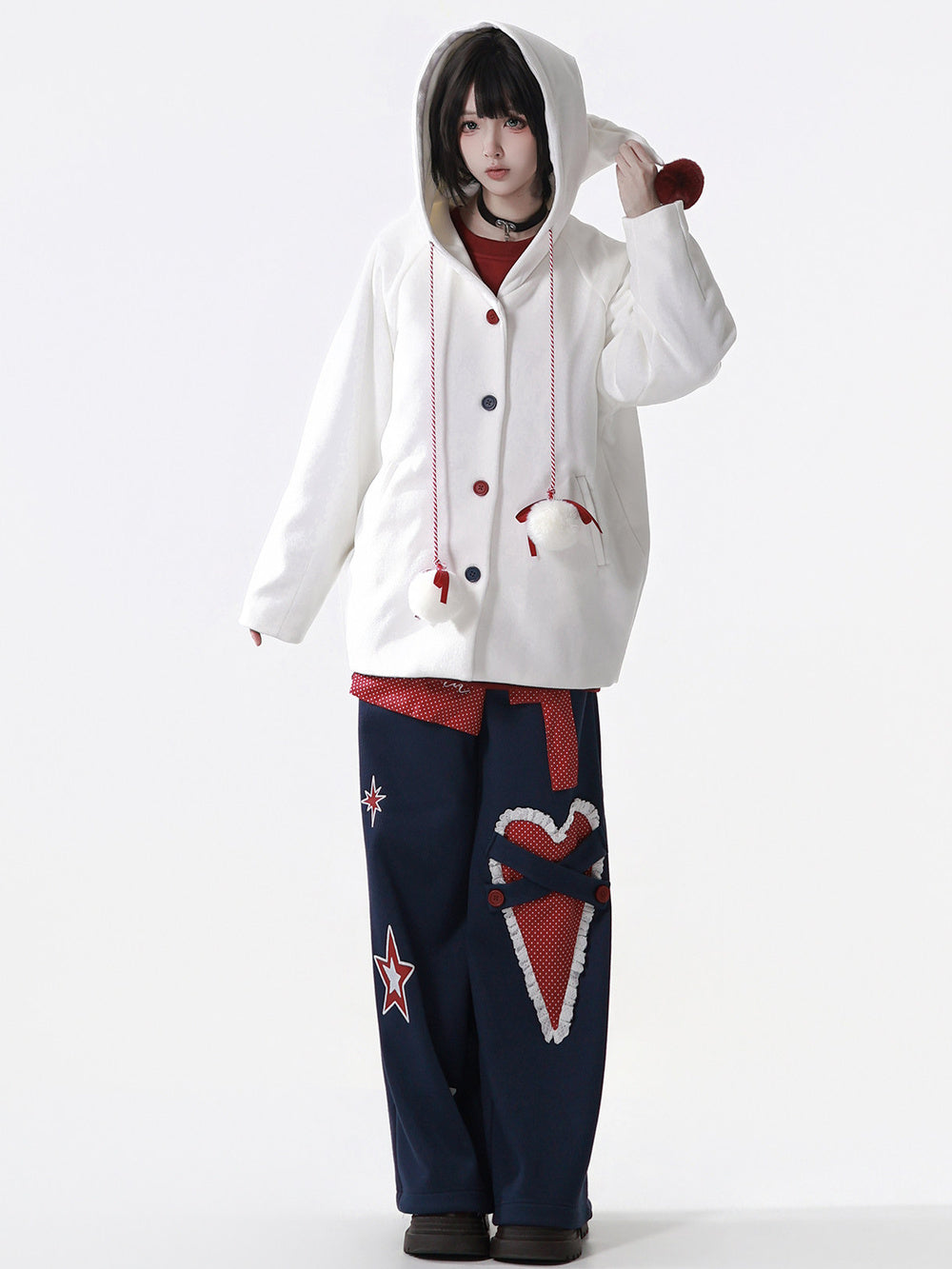 Kawaii Heart Appliqué Wide Leg Pants