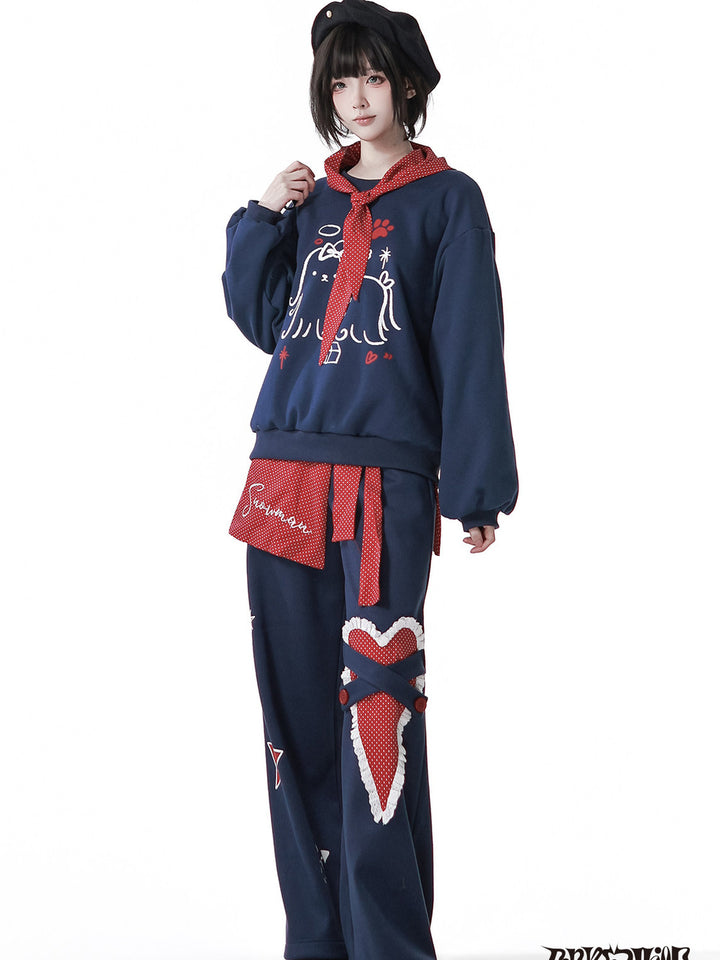 Kawaii Heart Appliqué Wide Leg Pants