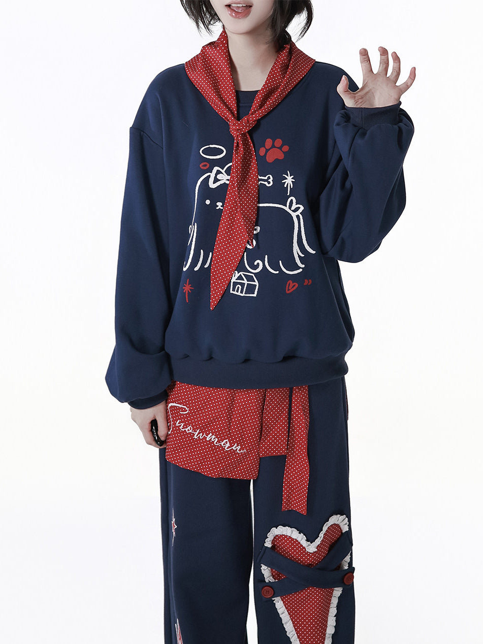 Kawaii Heart Appliqué Wide Leg Pants