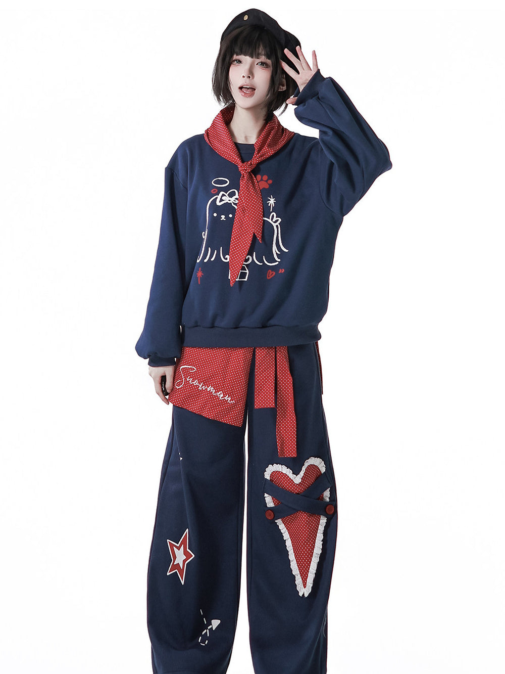 Kawaii Heart Appliqué Wide Leg Pants