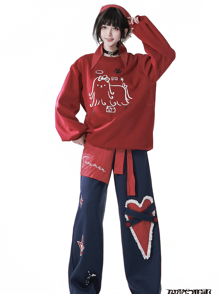 Kawaii Heart Appliqué Wide Leg Pants