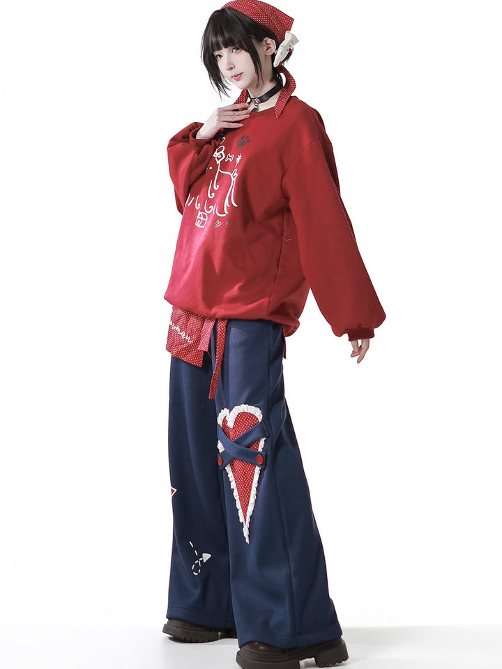 Kawaii Heart Appliqué Wide Leg Pants