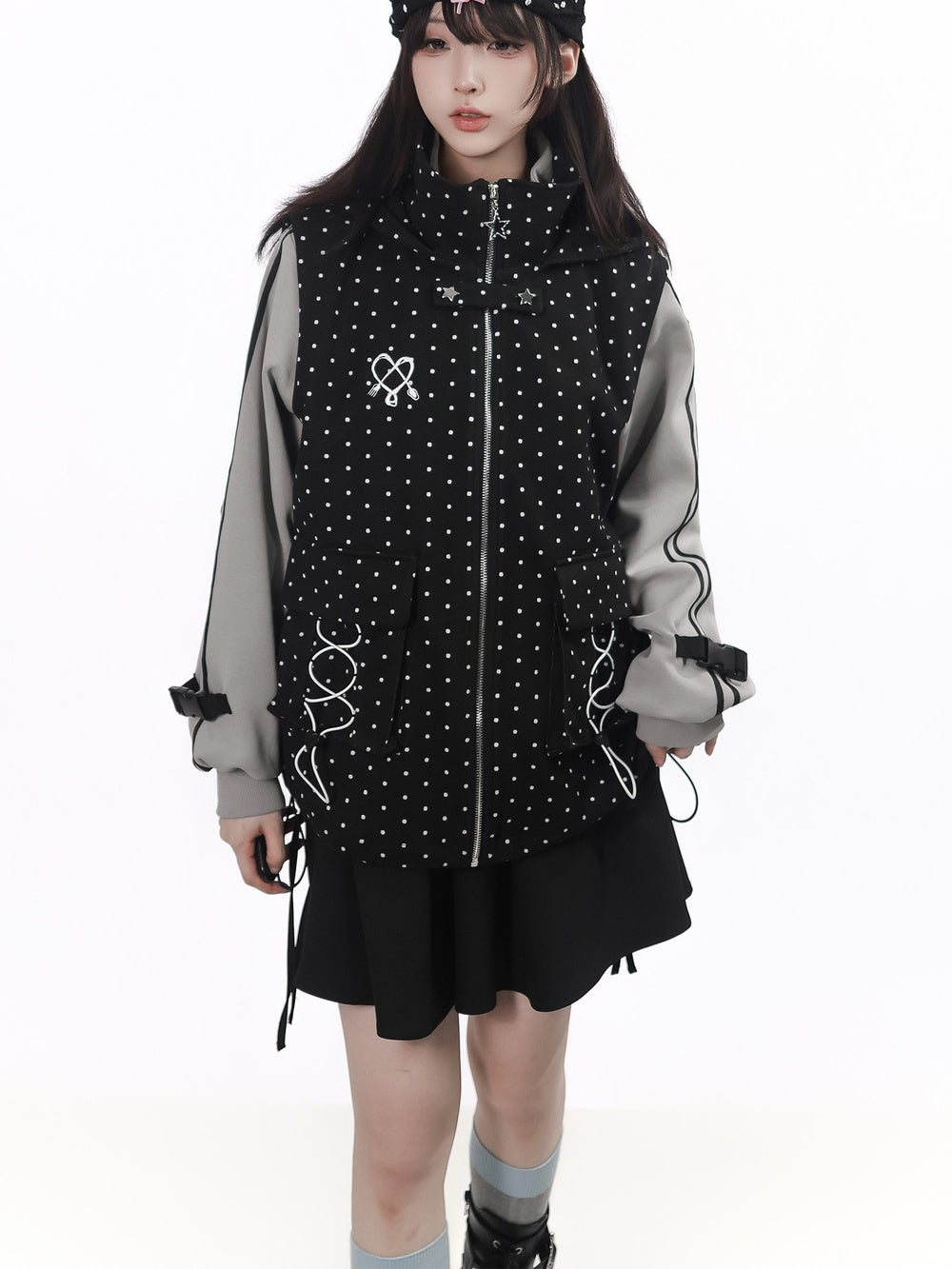 Polka Dot Lace-Up Hooded Vest