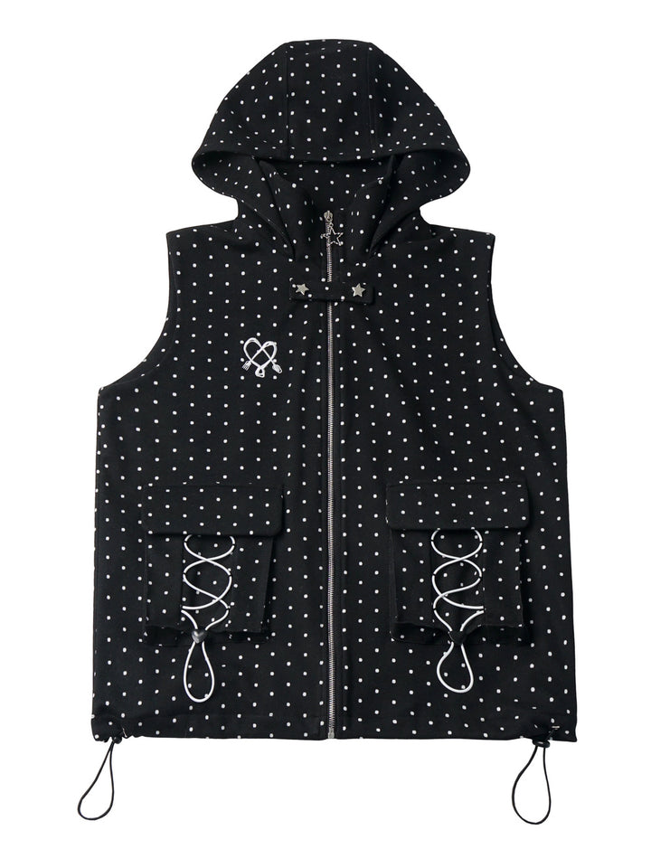 Polka Dot Lace-Up Hooded Vest
