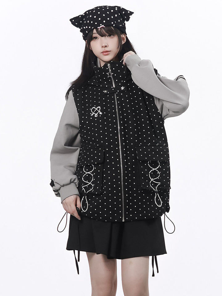 Polka Dot Lace-Up Hooded Vest