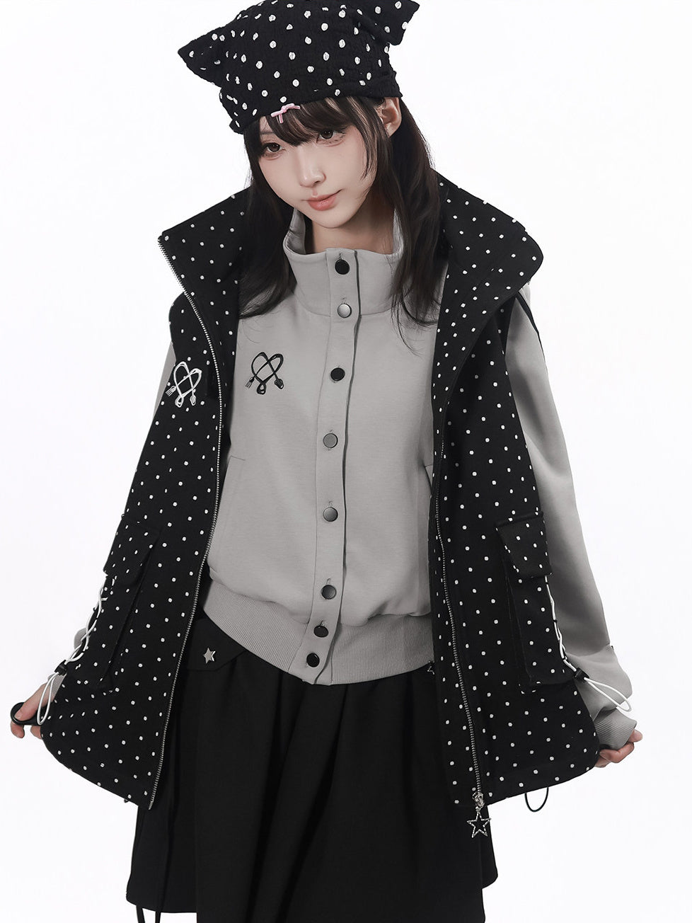 Polka Dot Lace-Up Hooded Vest