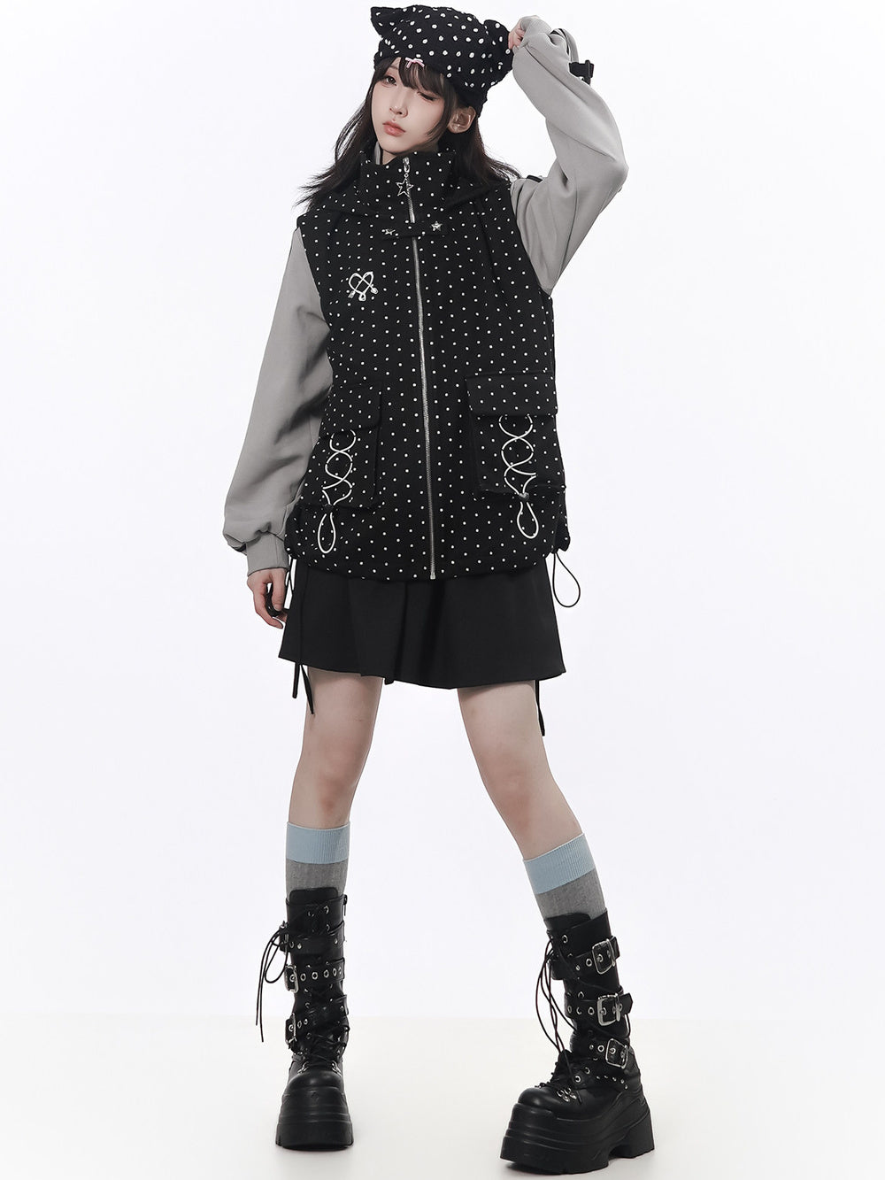 Polka Dot Lace-Up Hooded Vest