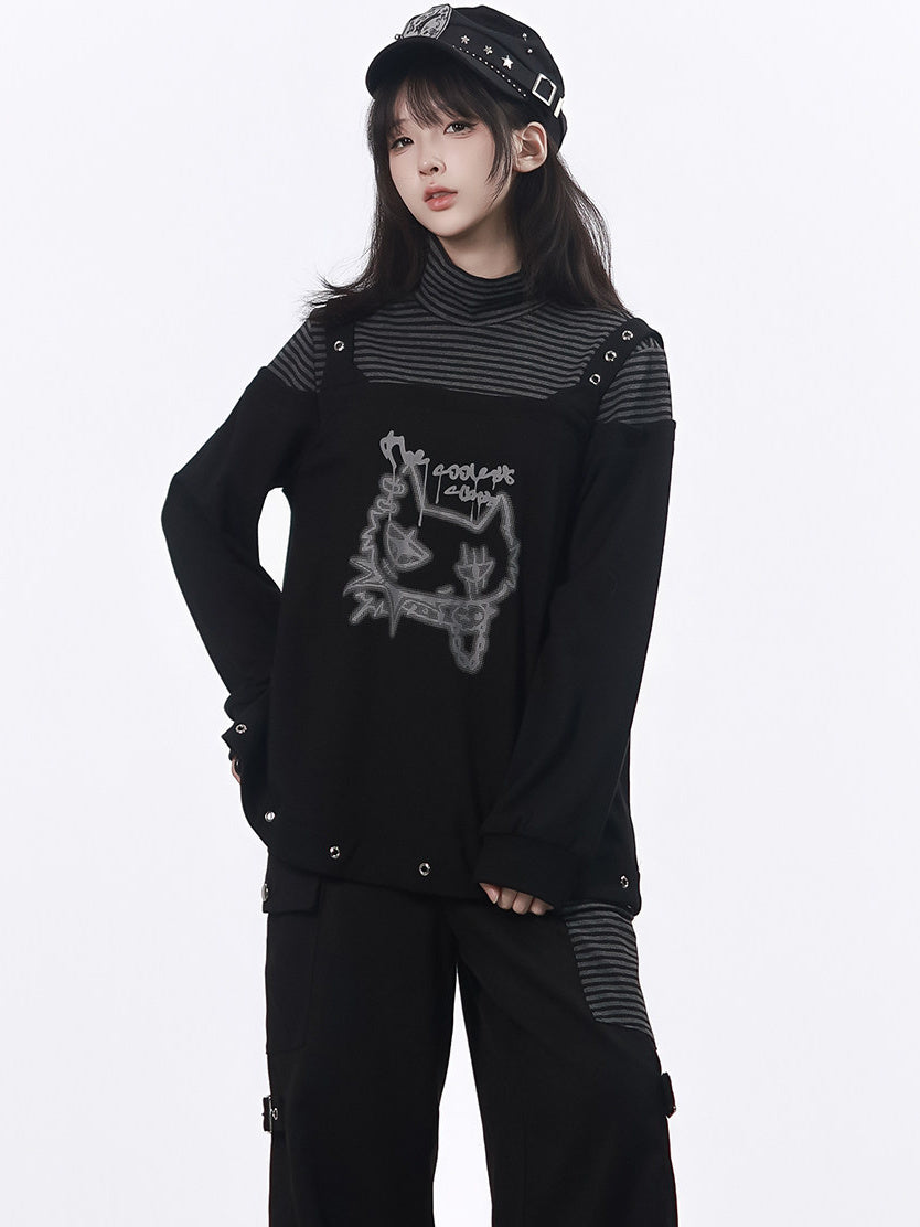 Grommet-Strap Cat Graphic Layered Top