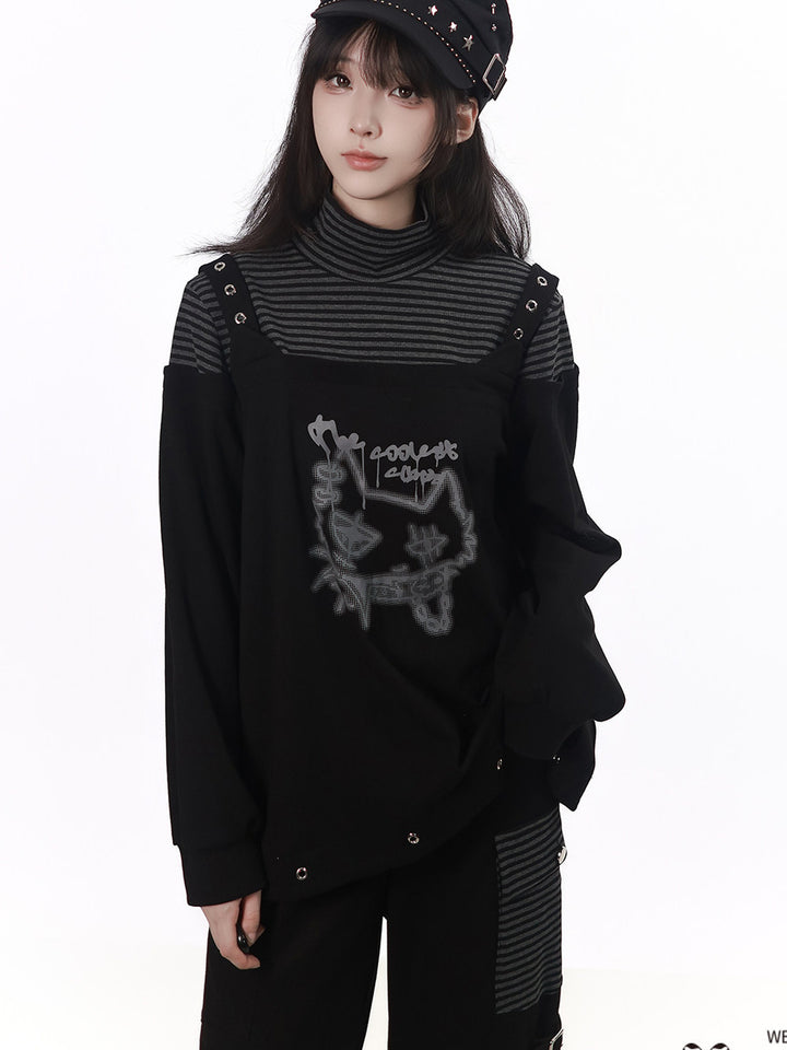 Grommet-Strap Cat Graphic Layered Top