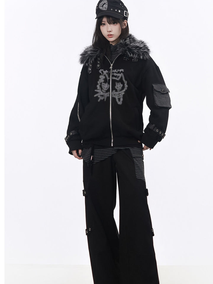 Grunge Faux Fur Hooded Jacket