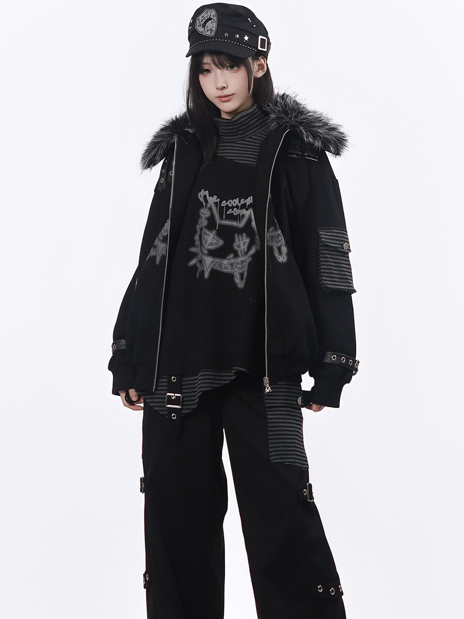 Grunge Faux Fur Hooded Jacket
