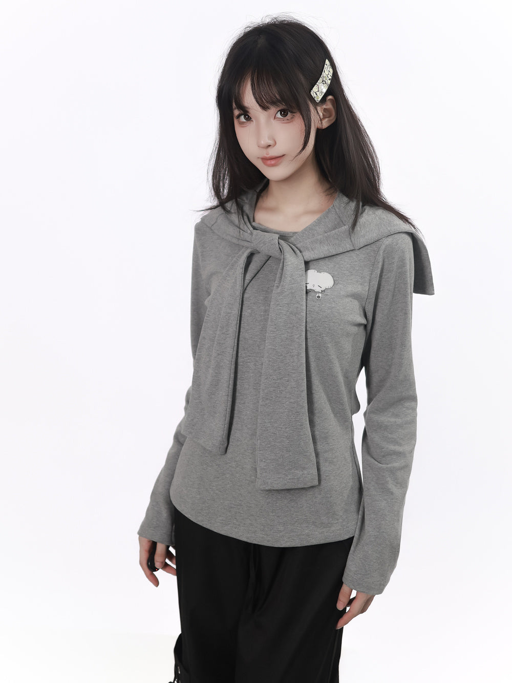 Mouse Graphic Long Sleeve Top with Shawl