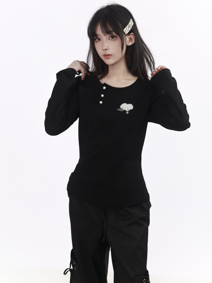 Mouse Graphic Long Sleeve Top with Shawl