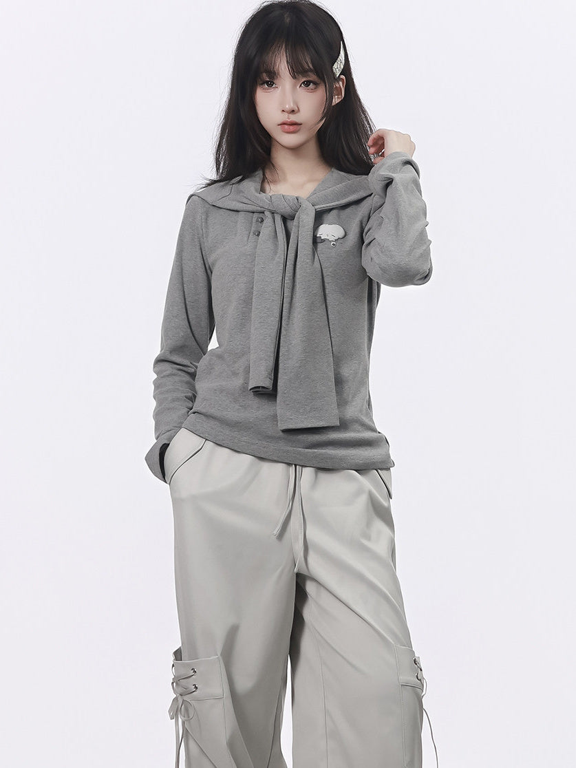 Mouse Graphic Long Sleeve Top with Shawl