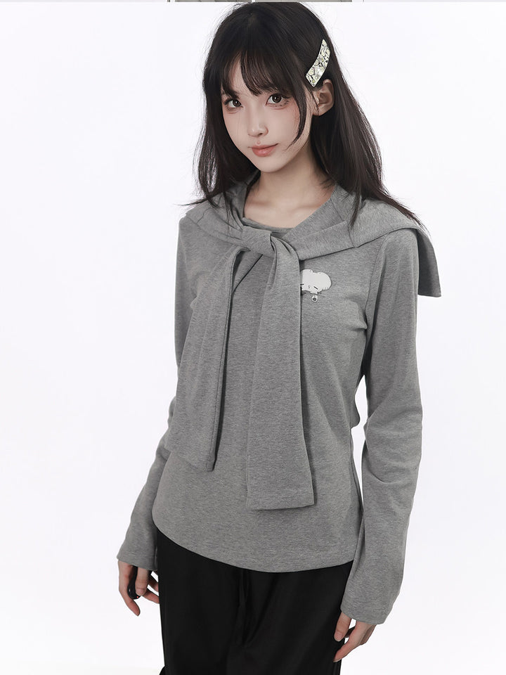 Mouse Graphic Long Sleeve Top with Shawl