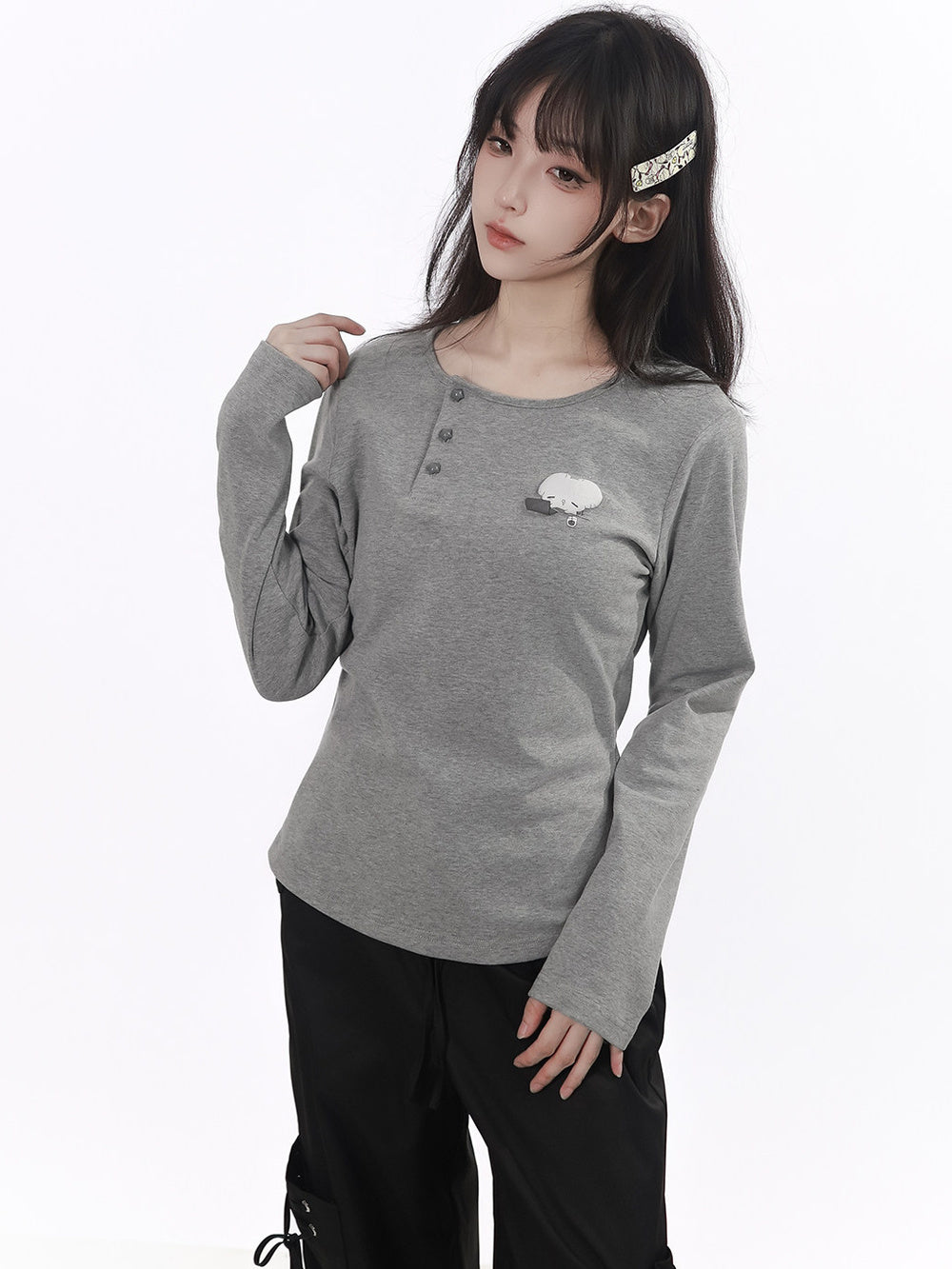 Mouse Graphic Long Sleeve Top with Shawl