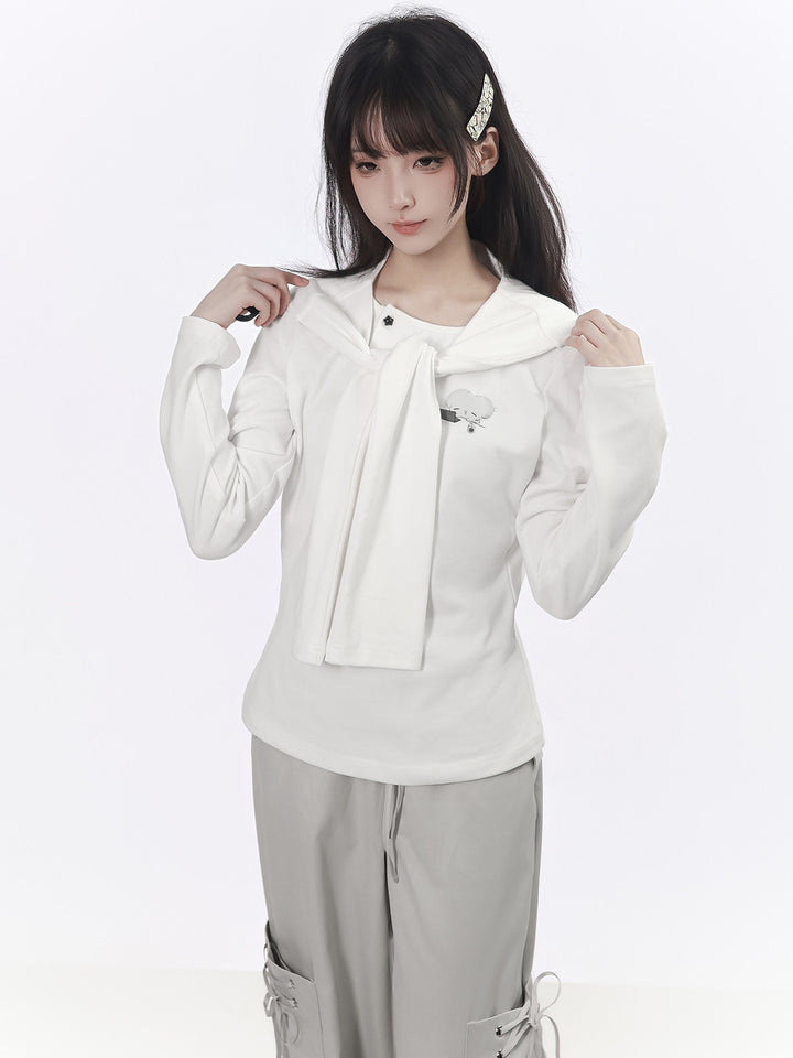 Mouse Graphic Long Sleeve Top with Shawl