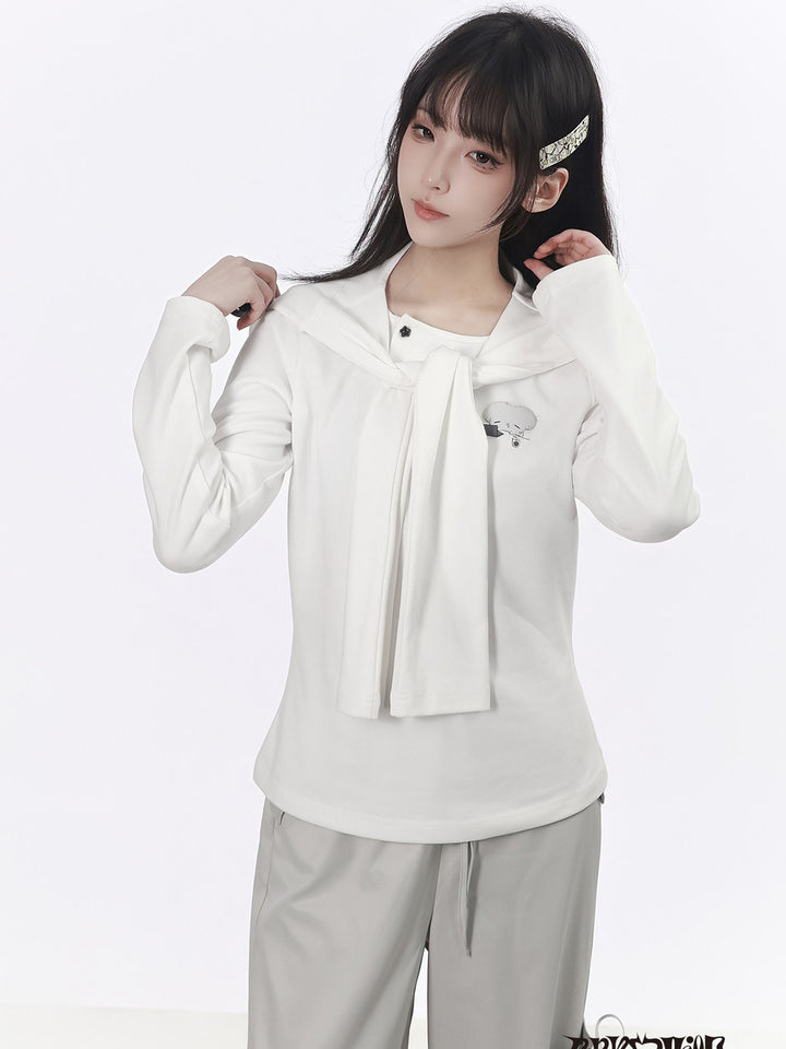 Mouse Graphic Long Sleeve Top with Shawl