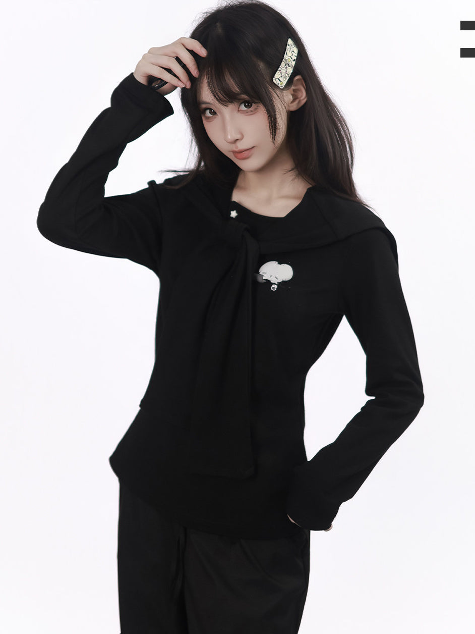 Mouse Graphic Long Sleeve Top with Shawl