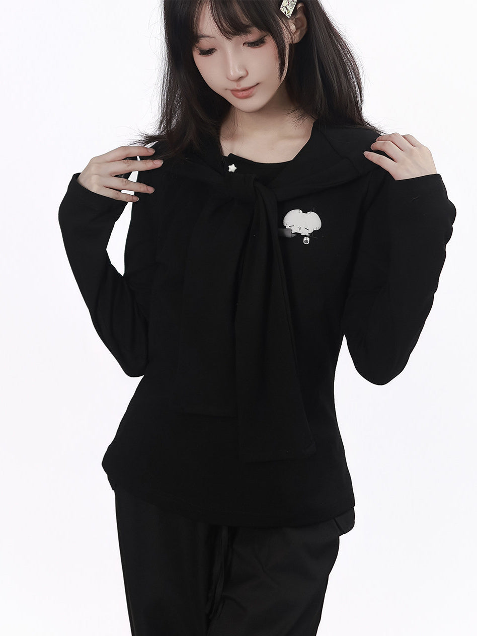 Mouse Graphic Long Sleeve Top with Shawl