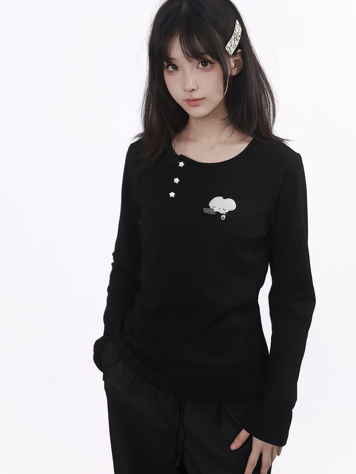 Mouse Graphic Long Sleeve Top with Shawl