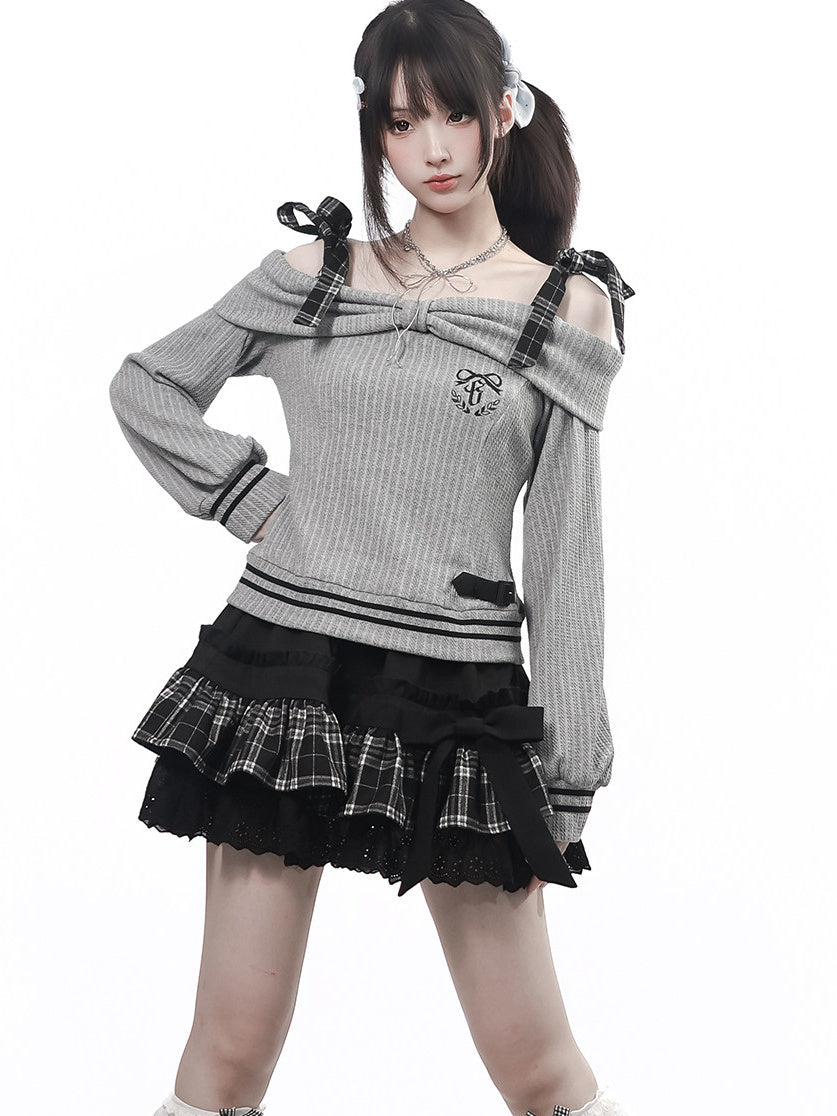 Jirai Kei Plaid Bow Off-Shoulder Top