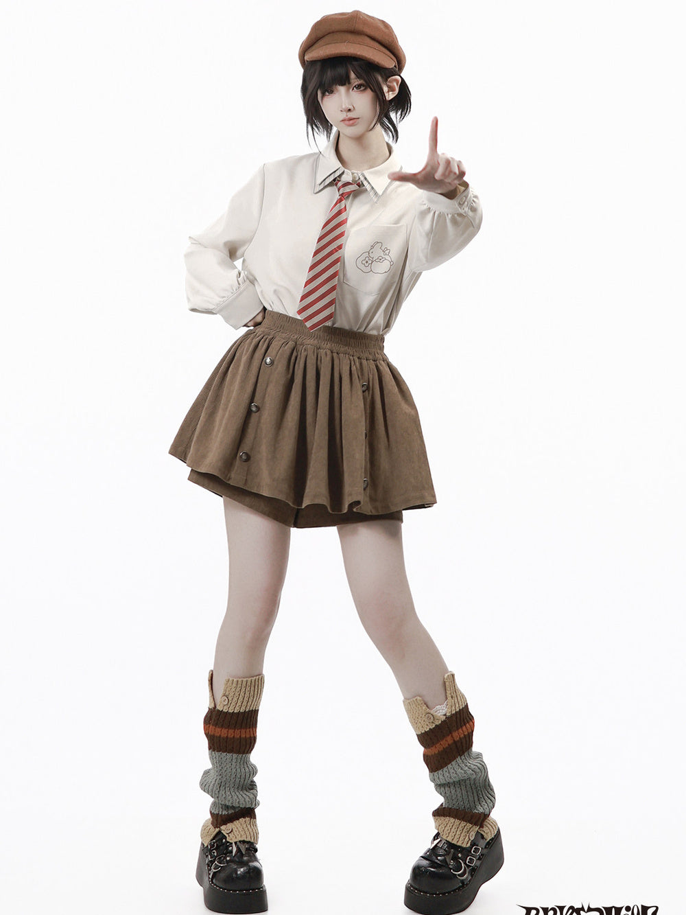 Brown Button Detail Corduroy-Look Skort