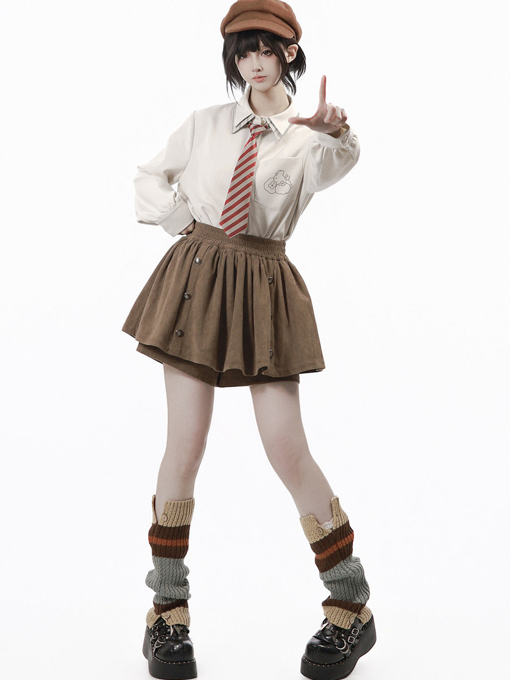 Brown Button Detail Corduroy-Look Skort