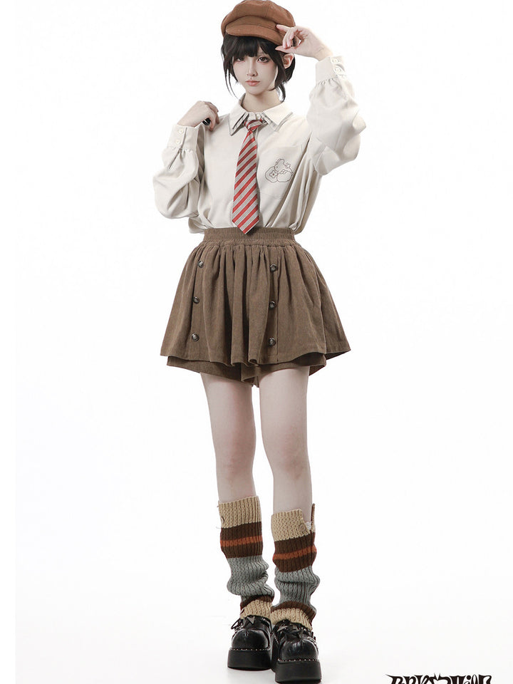 Brown Button Detail Corduroy-Look Skort