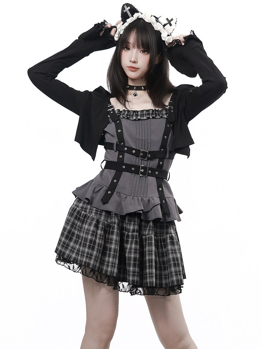 Black Plaid Scalloped Ruffle Mini Skirt