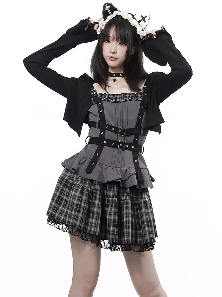 Black Plaid Scalloped Ruffle Mini Skirt