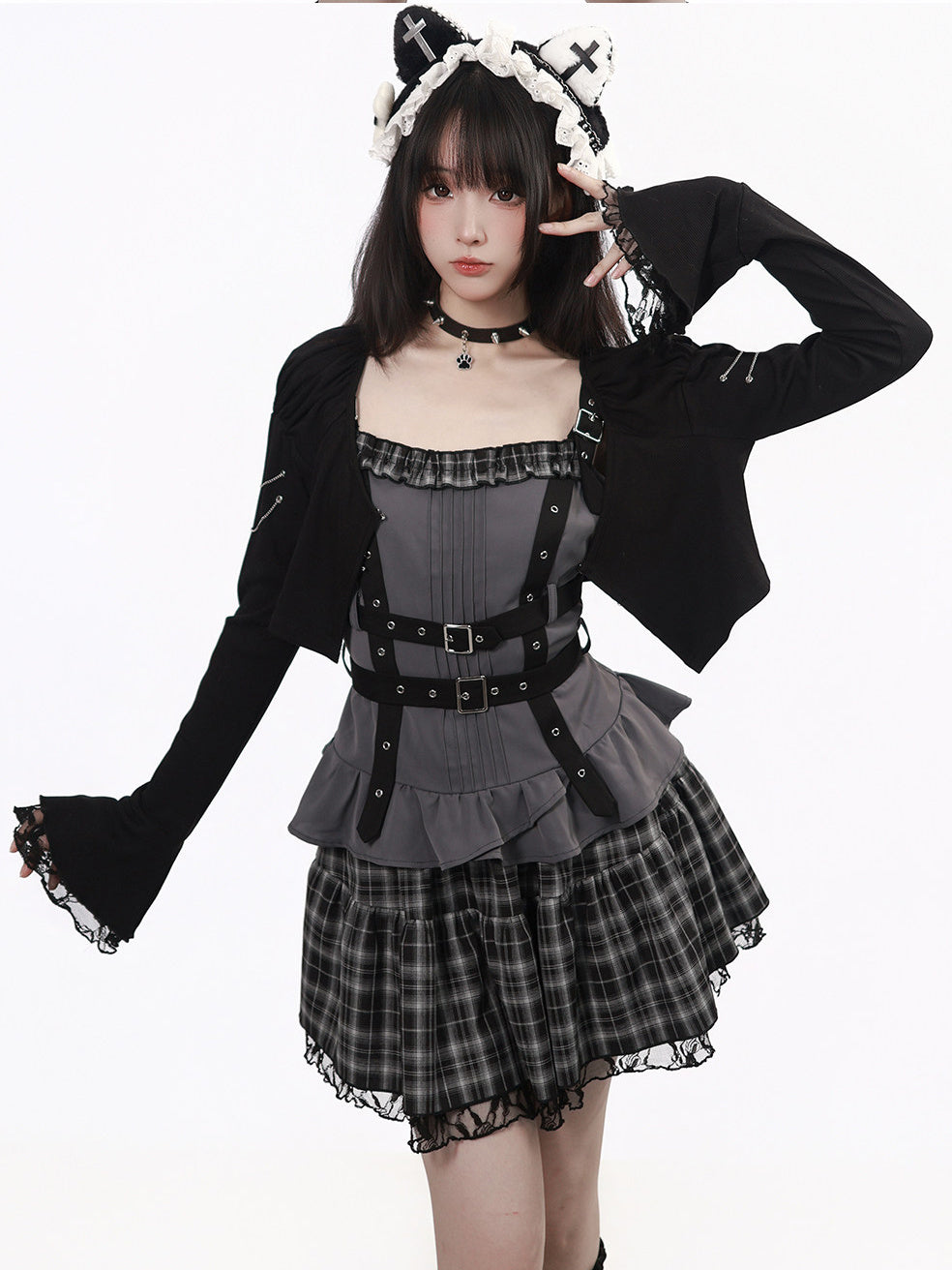 Black Plaid Scalloped Ruffle Mini Skirt