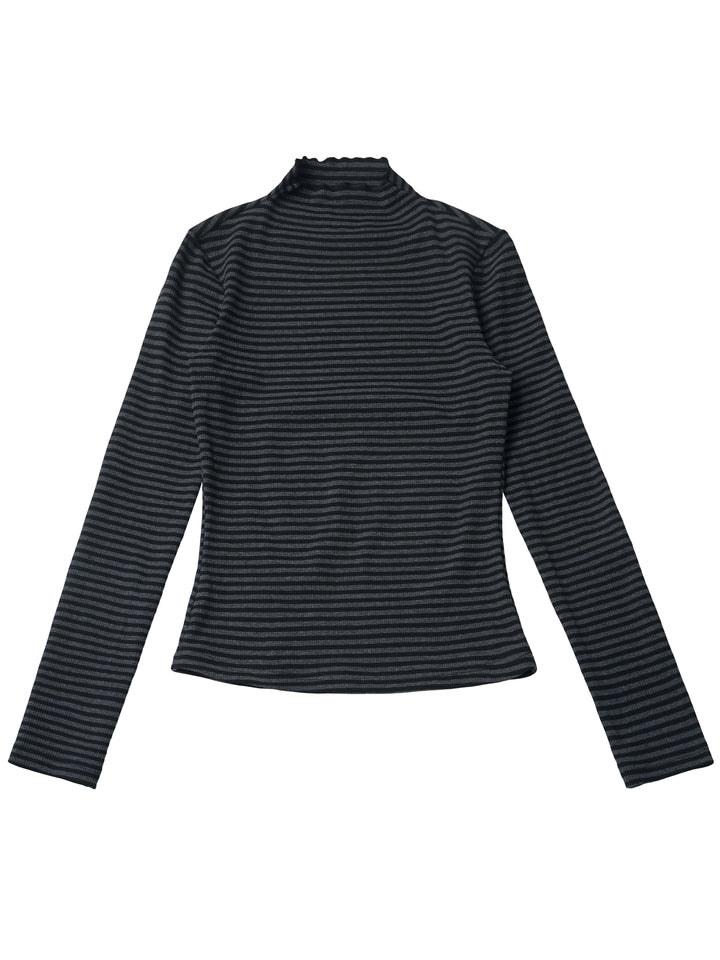 Striped Lettuce Edge Mock Neck Top