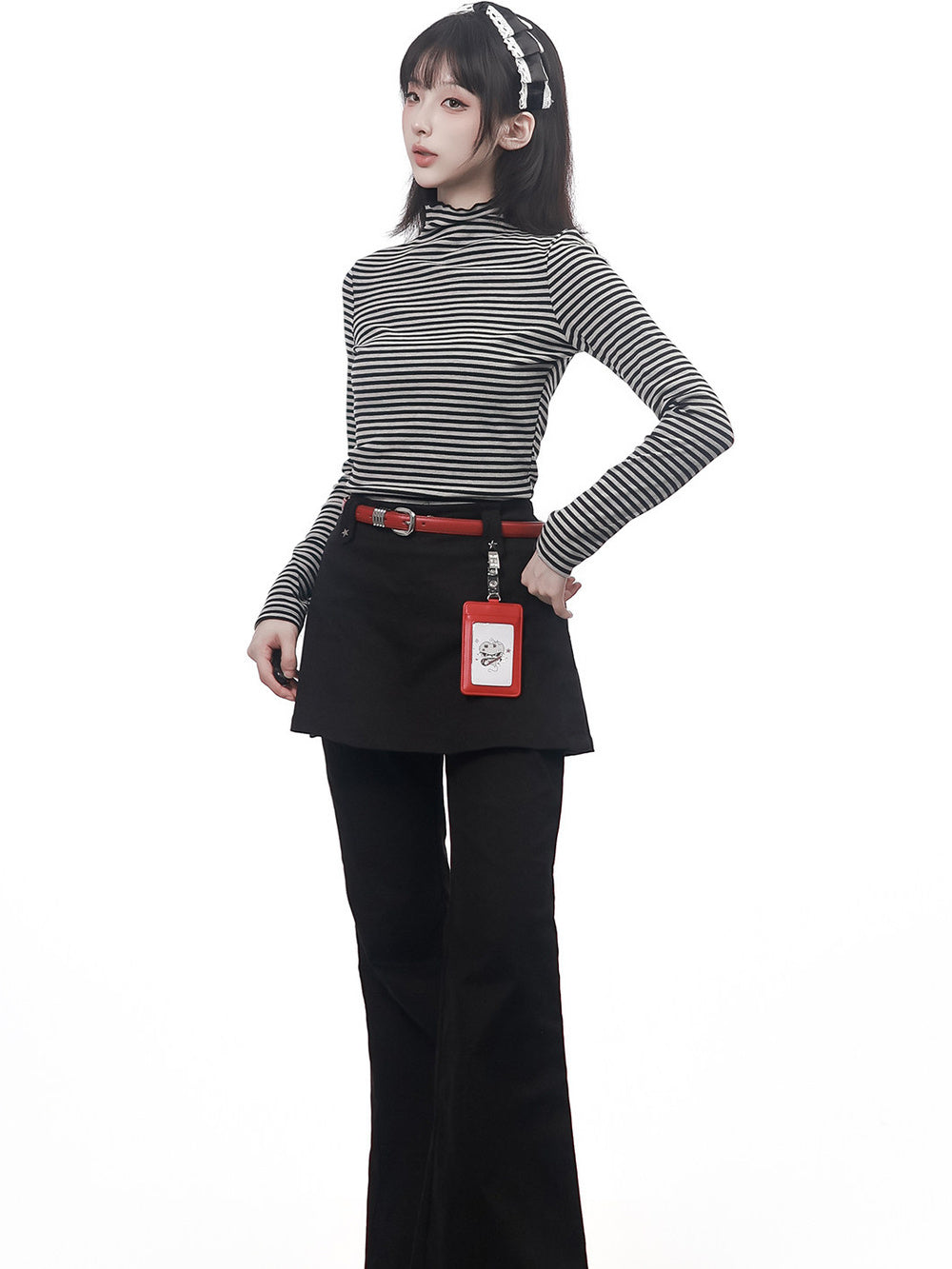 Striped Lettuce Edge Mock Neck Top