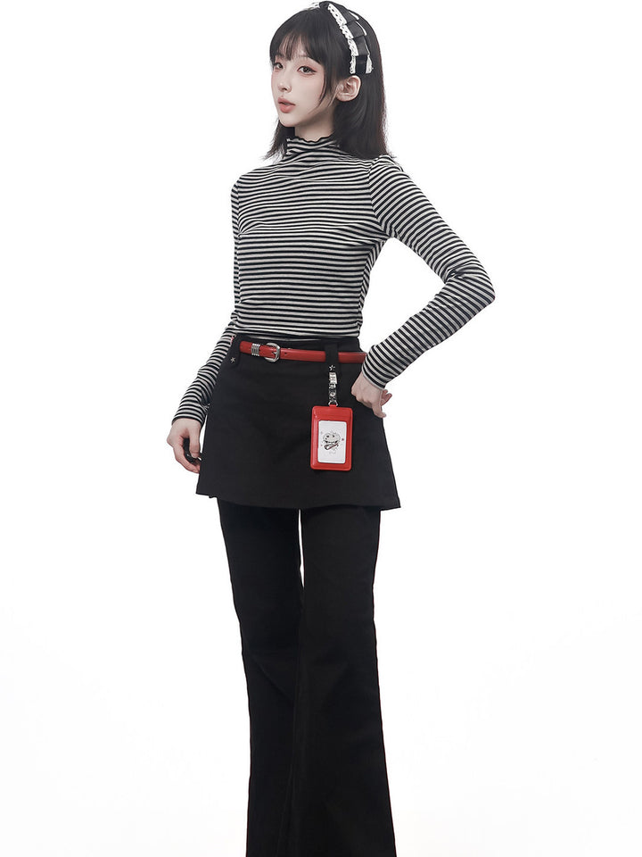 Striped Lettuce Edge Mock Neck Top