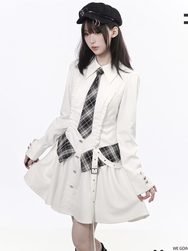 Preppy Plaid Panel Shirt Dress