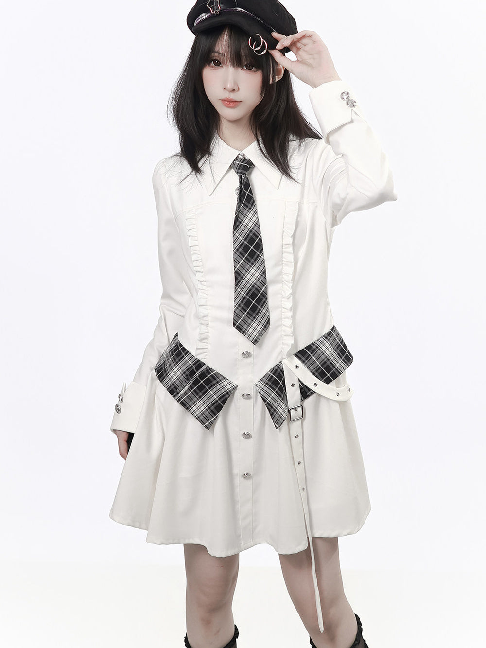 Preppy Plaid Panel Shirt Dress