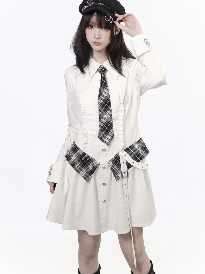 Preppy Plaid Panel Shirt Dress