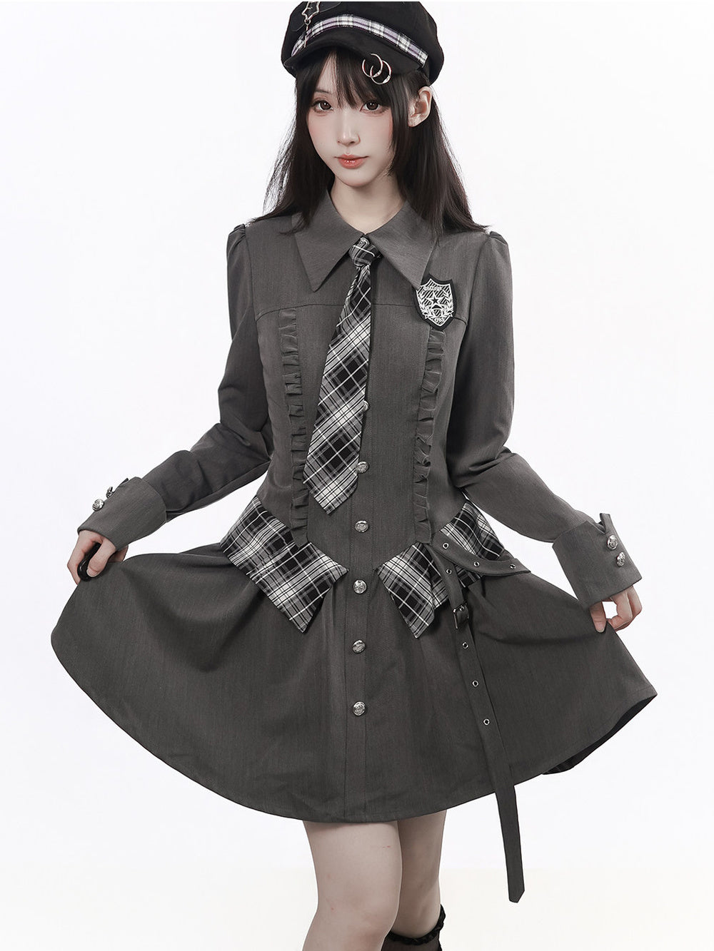 Preppy Buckle Waist Shirt Dress