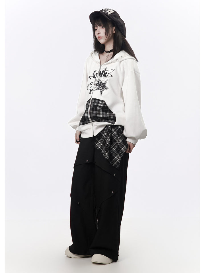 Grunge Cat Graphic Zip-Up Hoodie