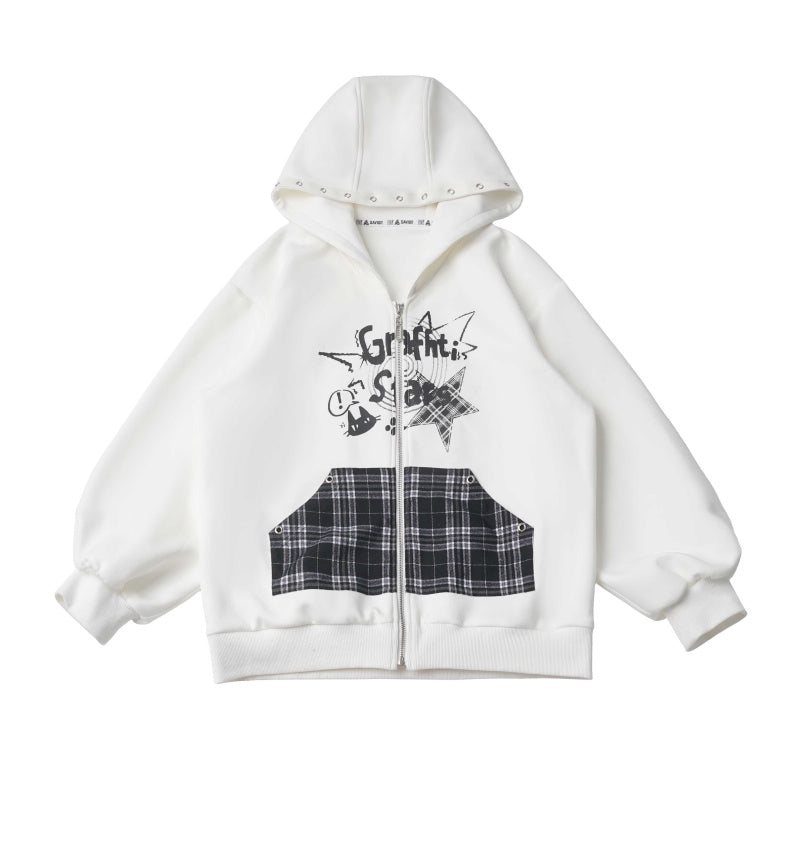 Grunge Cat Graphic Zip-Up Hoodie