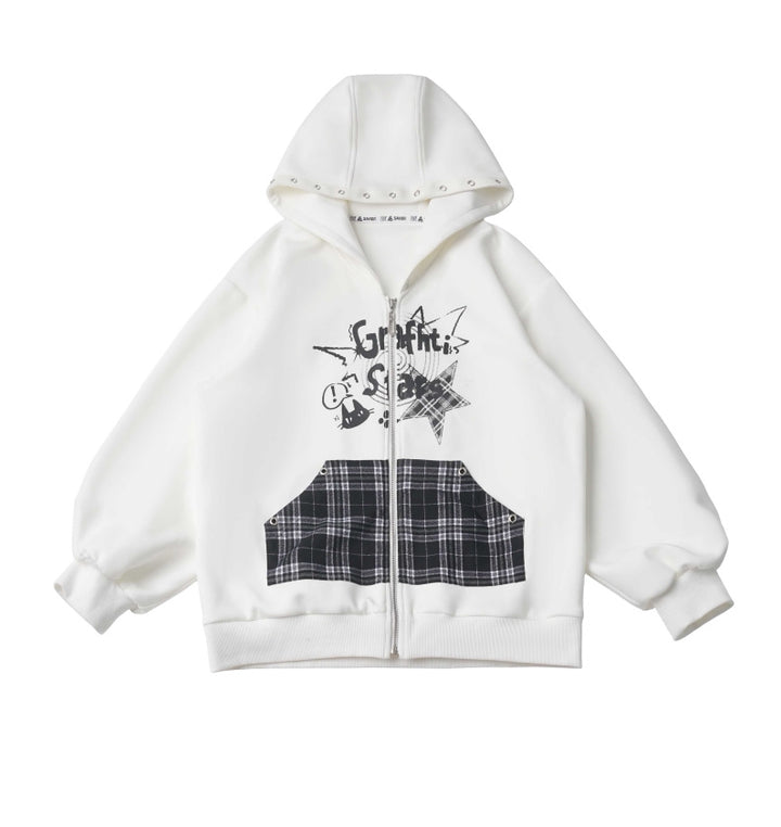 Grunge Cat Graphic Zip-Up Hoodie
