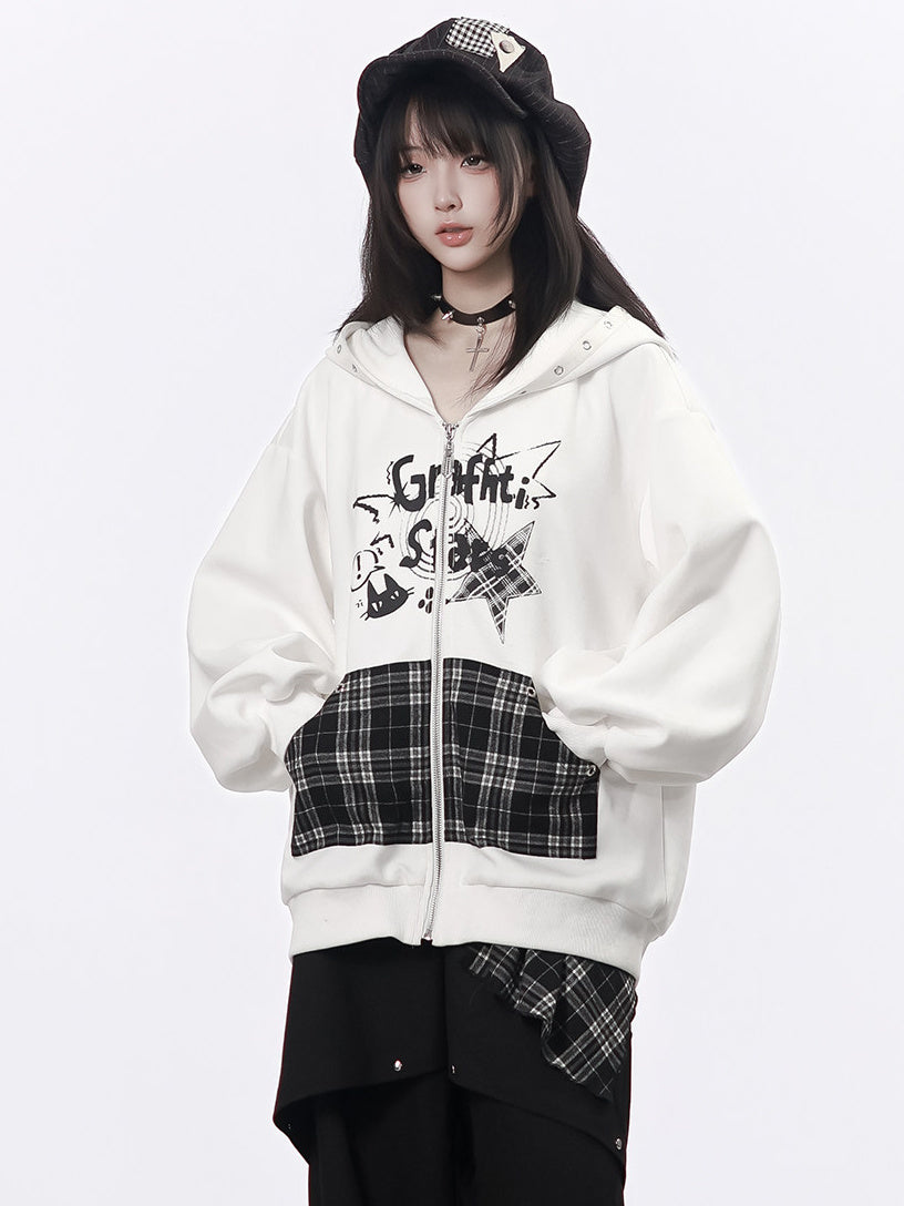 Grunge Cat Graphic Zip-Up Hoodie